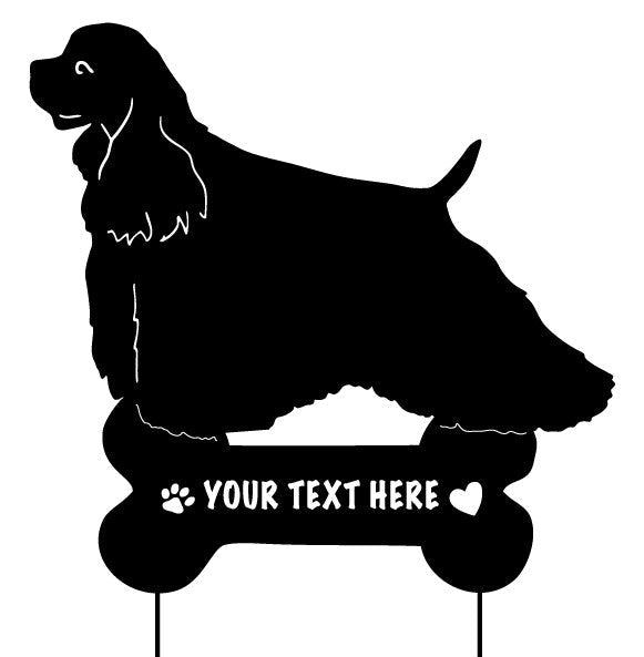 Cocker Spaniel garden stake by Rustica Ornamentals, black silhouette with bone-text plaque on Tampa Home & Garden Store