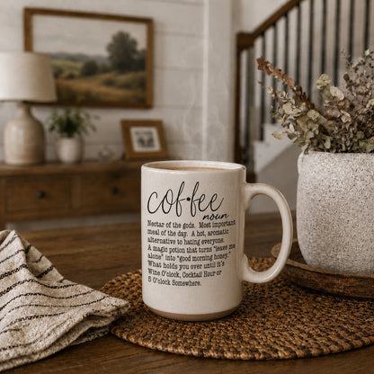 Coffee Def 16oz mug by Gia Roma, beige speckled ceramic with coffee text design on Tampa Home & Garden Store