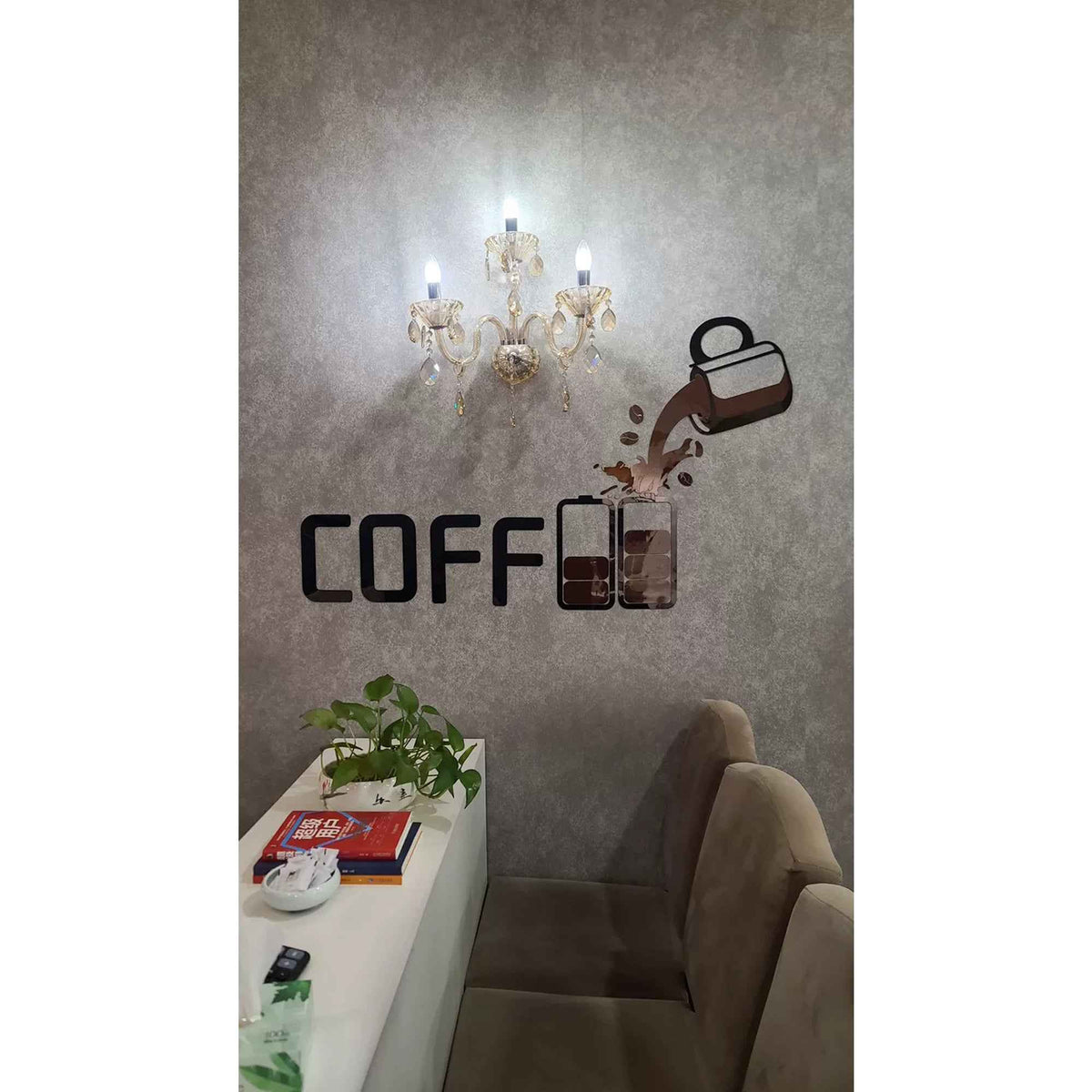 Coffee shop wall decor self-adhesive acrylic art by Shaketea with chandelier motif on wall on Tampa Home & Garden Store