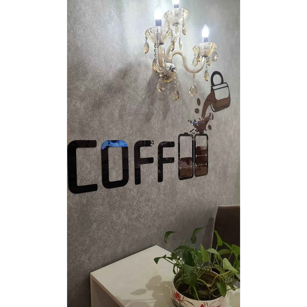 Coffee Shop Wall Decor self-adhesive acrylic art with COFFEE lettering and chandelier motif on Tampa Home & Garden Store
