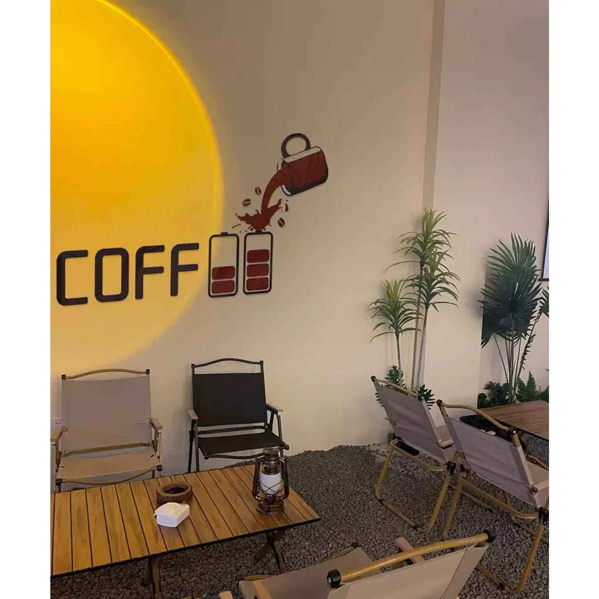 Coffee Shop Wall Decor Self-Adhesive Acrylic Art by Shaketea with yellow sun and coffee cup on Tampa Home & Garden Store