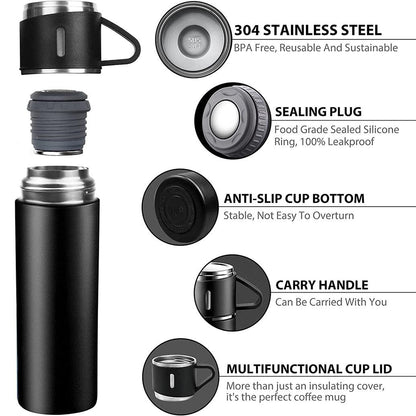 500ml black stainless steel thermos with carry handle, vacuum insulated; set includes 3 cups and lid on Tampa Home & Garden Store