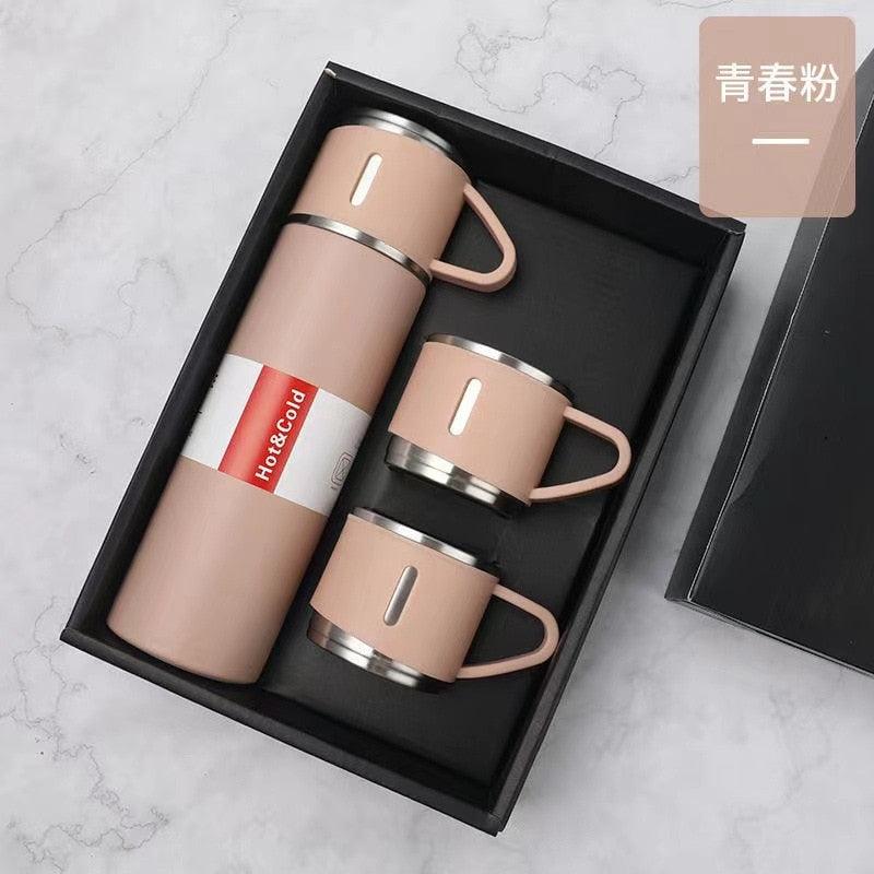 Stevvex pink 500ml thermos with two cups in gift box stainless steel vacuum 3-piece set on Tampa Home & Garden Store