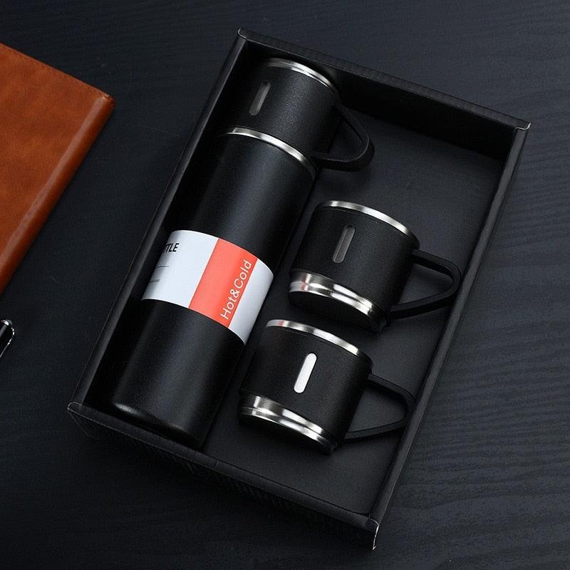 Thermos set Stevvex 500ml black stainless steel vacuum bottle with 2 cups and lid in box on Tampa Home & Garden Store