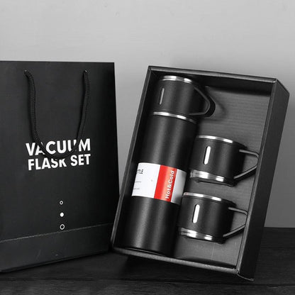 Coffee thermos 500ml black stainless steel set with 3 cups and lid by Stevvex in box on Tampa Home & Garden Store