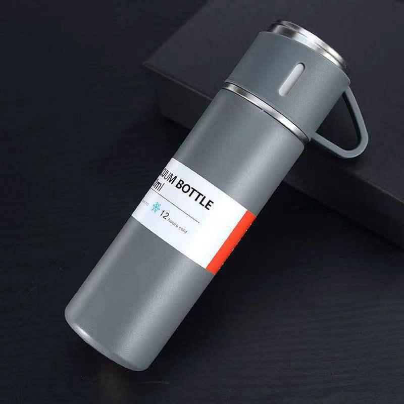 Gray stainless steel coffee thermos 500ml with lid and carrying strap on Tampa Home & Garden Store
