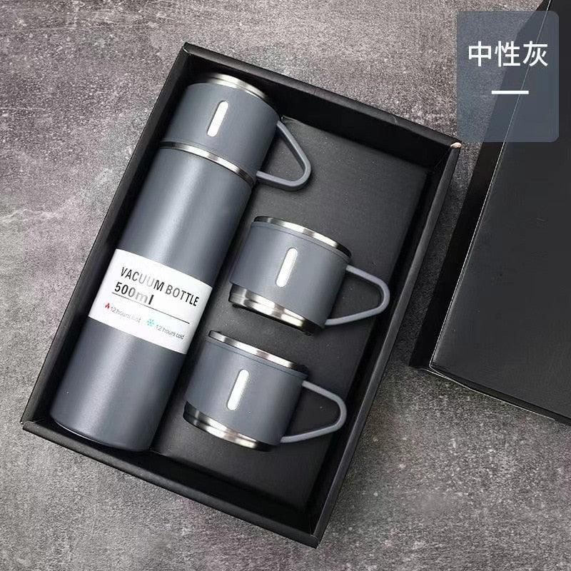 Stevvex 500ml vacuum bottle with 2 gray stainless steel cups in a black gift box on Tampa Home & Garden Store