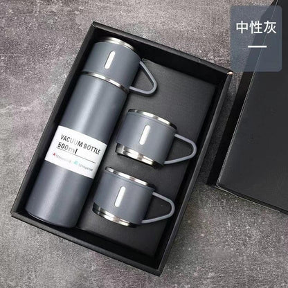 Stevvex 500ml vacuum bottle with 2 gray stainless steel cups in a black gift box on Tampa Home & Garden Store