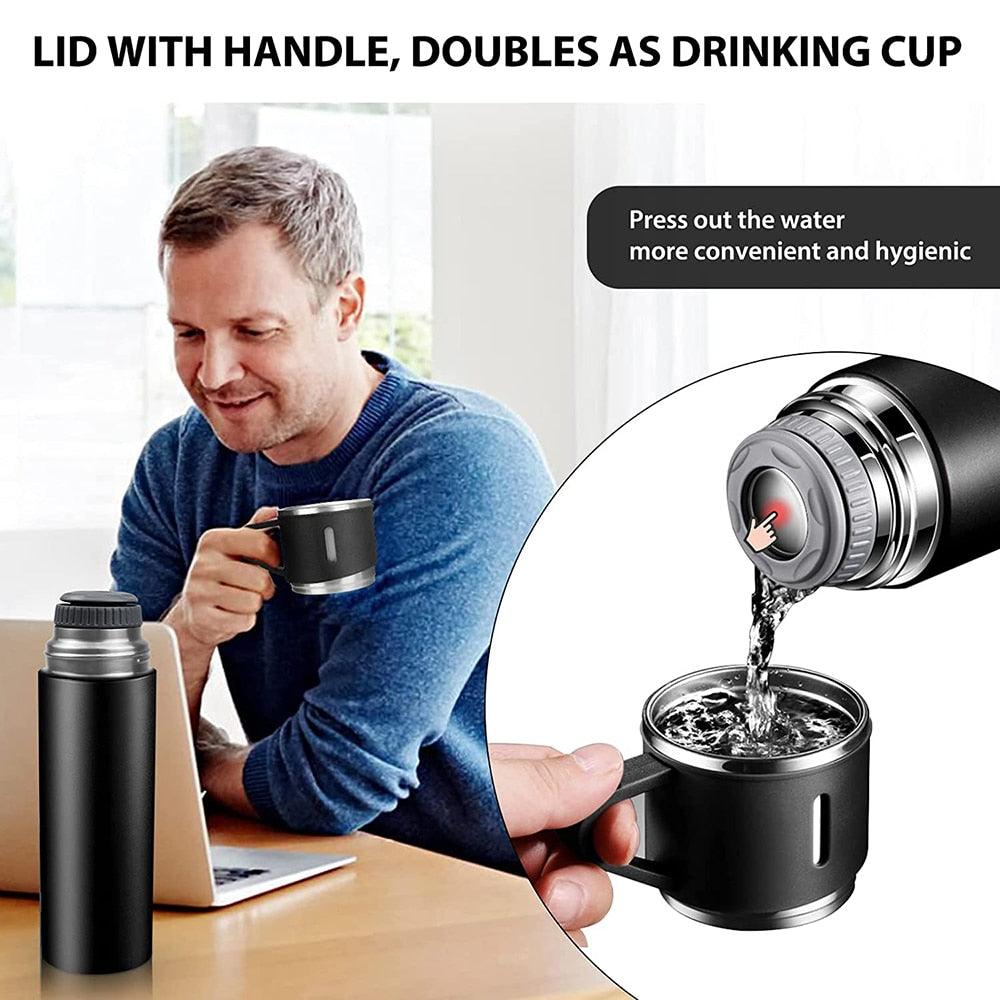 Stevvex 500ml steel coffee thermos set with 3 cups, lid doubles as cup, black mug on Tampa Home & Garden Store