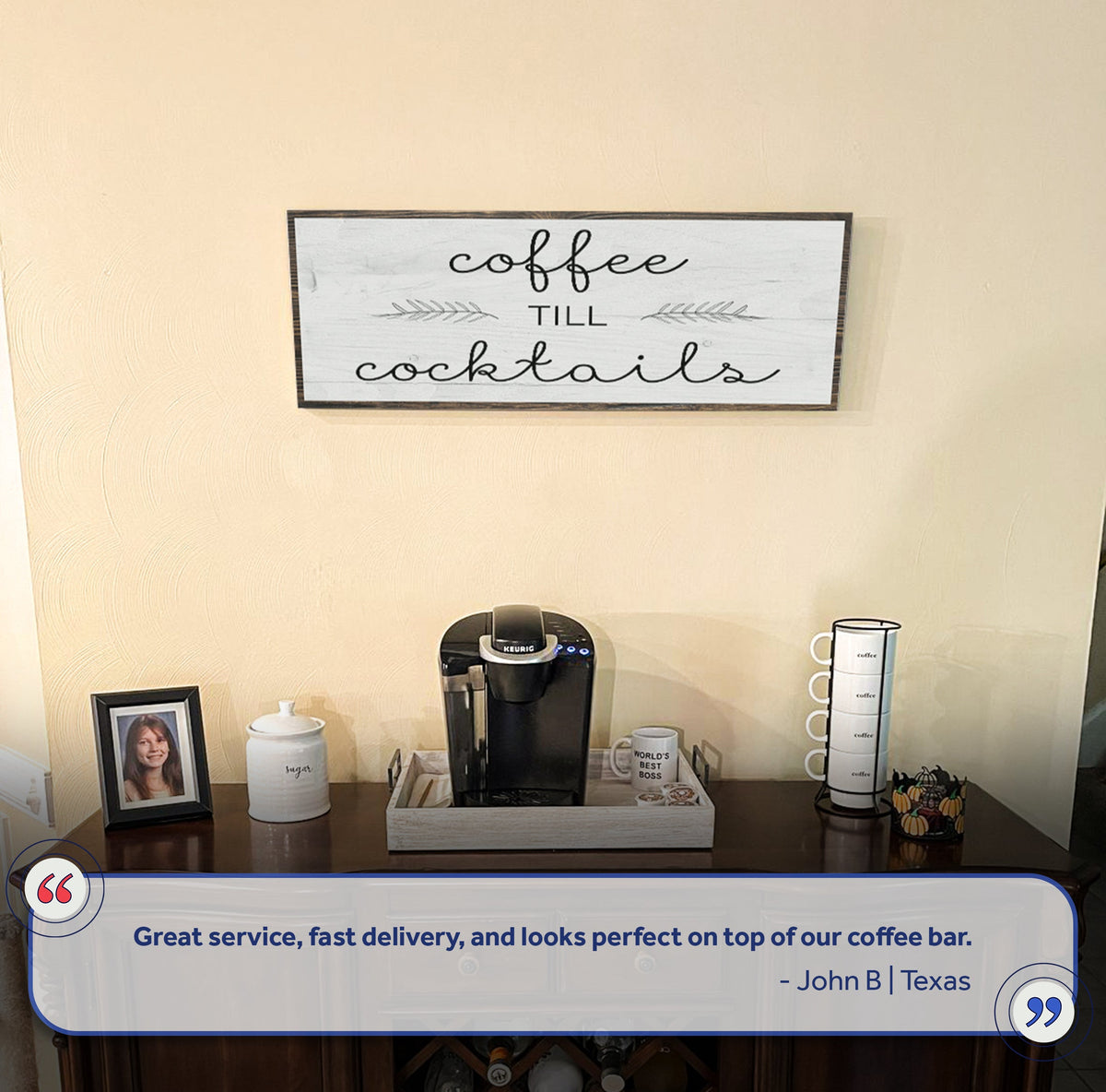 Coffee Till Cocktails Sign II canvas with white panel and black script by Tailored Canvases on Tampa Home & Garden Store