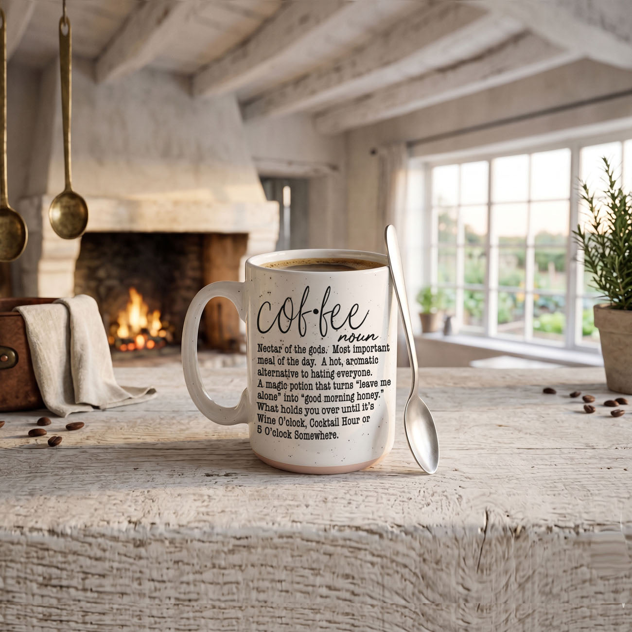 Gia Roma Coffee Def 16oz mug, white ceramic with coffee definition typography and spoon on Tampa Home & Garden Store