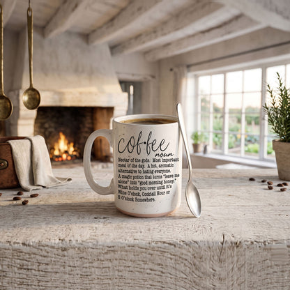 Gia Roma Coffee Def 16oz mug, white ceramic with coffee definition typography and spoon on Tampa Home & Garden Store