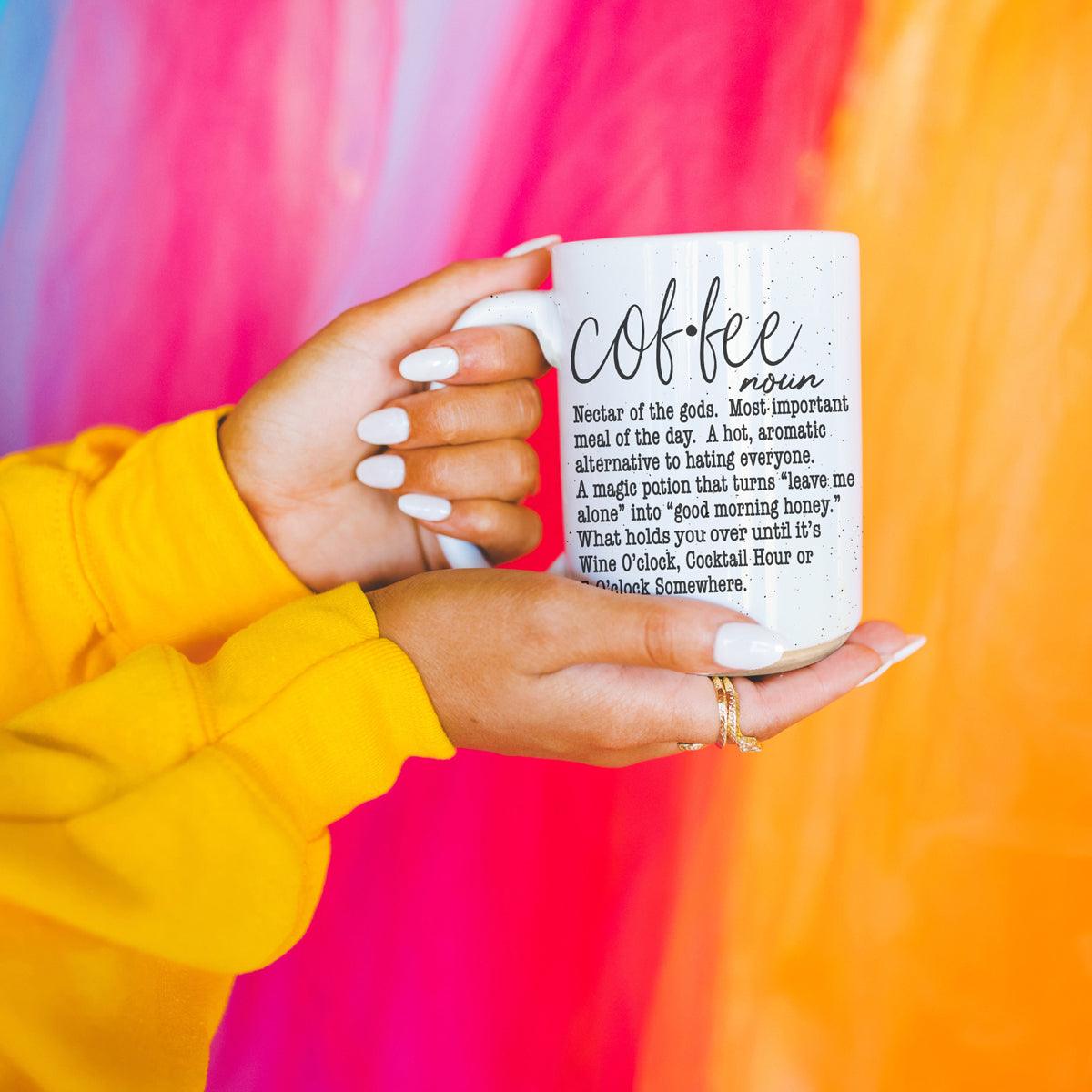 Coffee Def 16oz mug by Gia Roma, white speckled ceramic with coffee noun text on Tampa Home & Garden Store