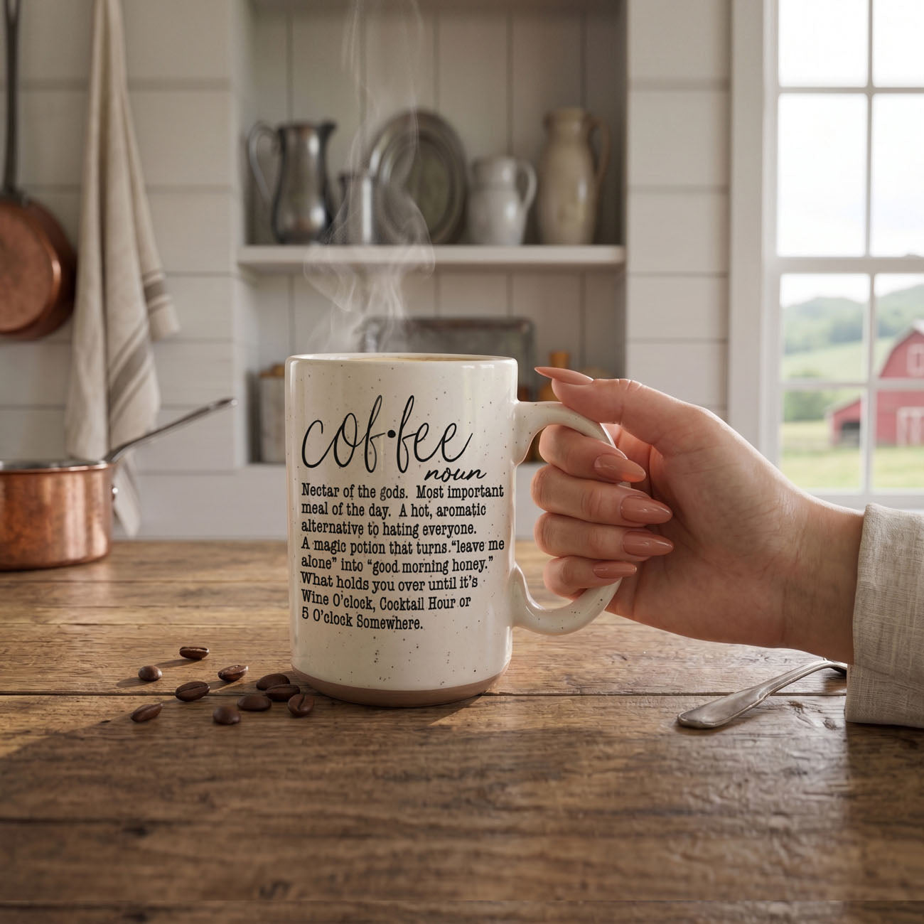 Coffee Def 16oz mug, cream speckled ceramic with printed text by Gia Roma, held by hand on Tampa Home & Garden Store