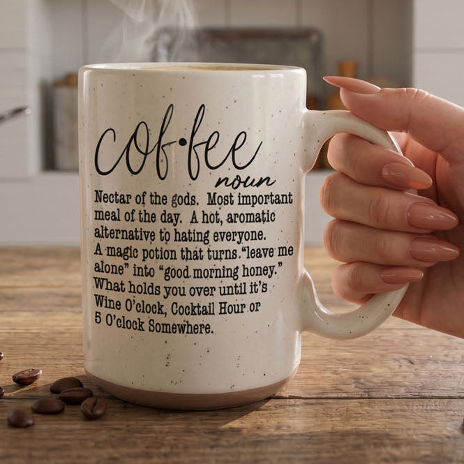 Gia Roma coffee mug 16oz cream speckled ceramic with dictionary coffee definition print on Tampa Home & Garden Store