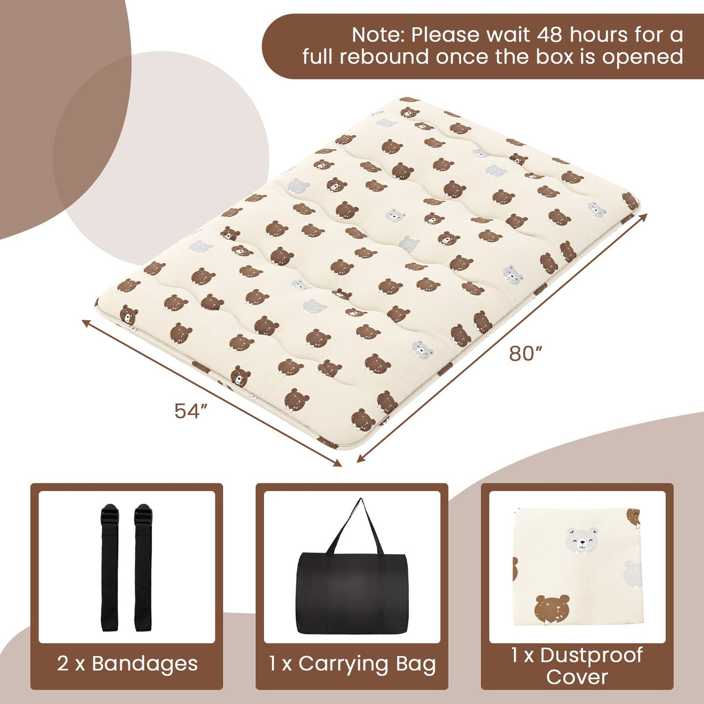 Foldable futon mattress GemGear cream bear-print cover, washable, 54x80 in, carry bag on Tampa Home & Garden Store