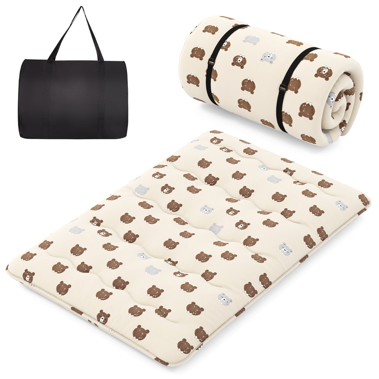 GemGear foldable futon mattress with washable cover, beige bear-print fabric, carry bag on Tampa Home & Garden Store