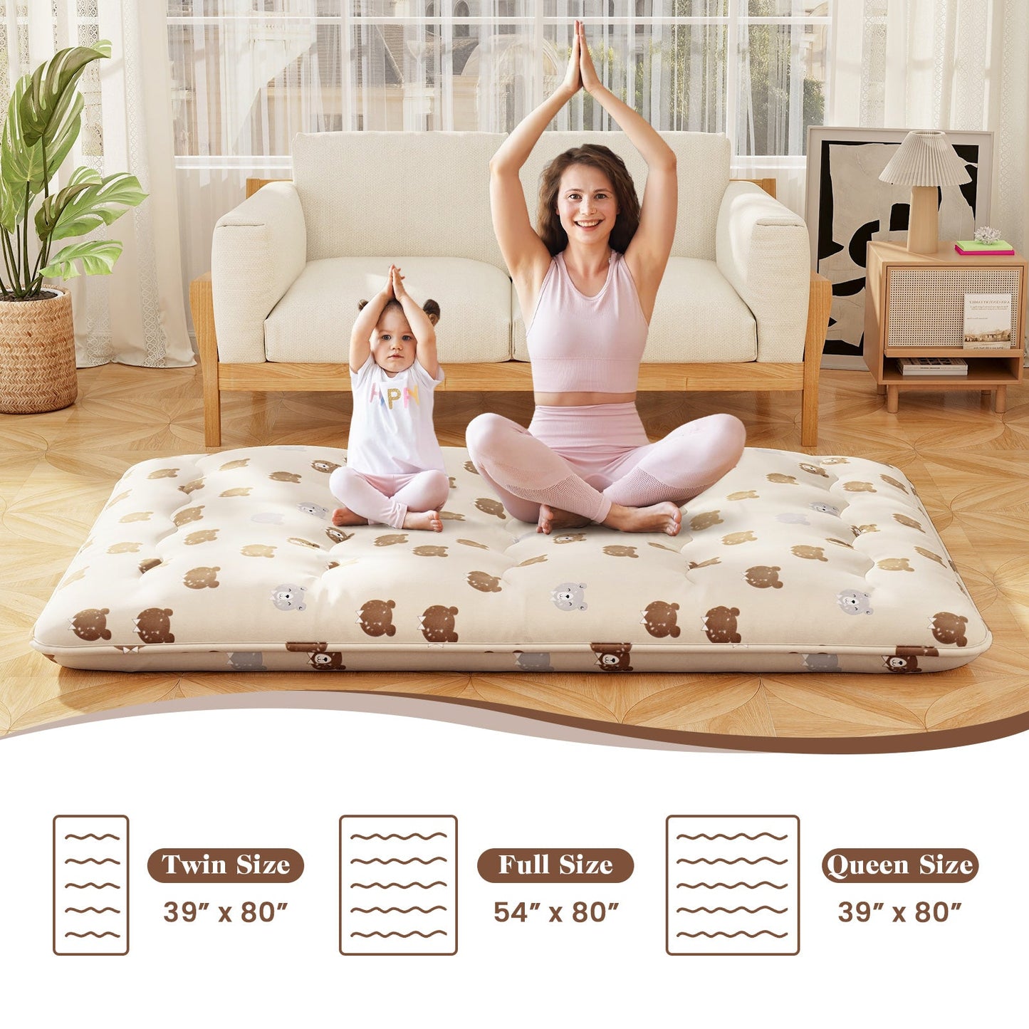 GemGear foldable futon mattress with washable cover in beige, indoor family yoga scene on Tampa Home & Garden Store