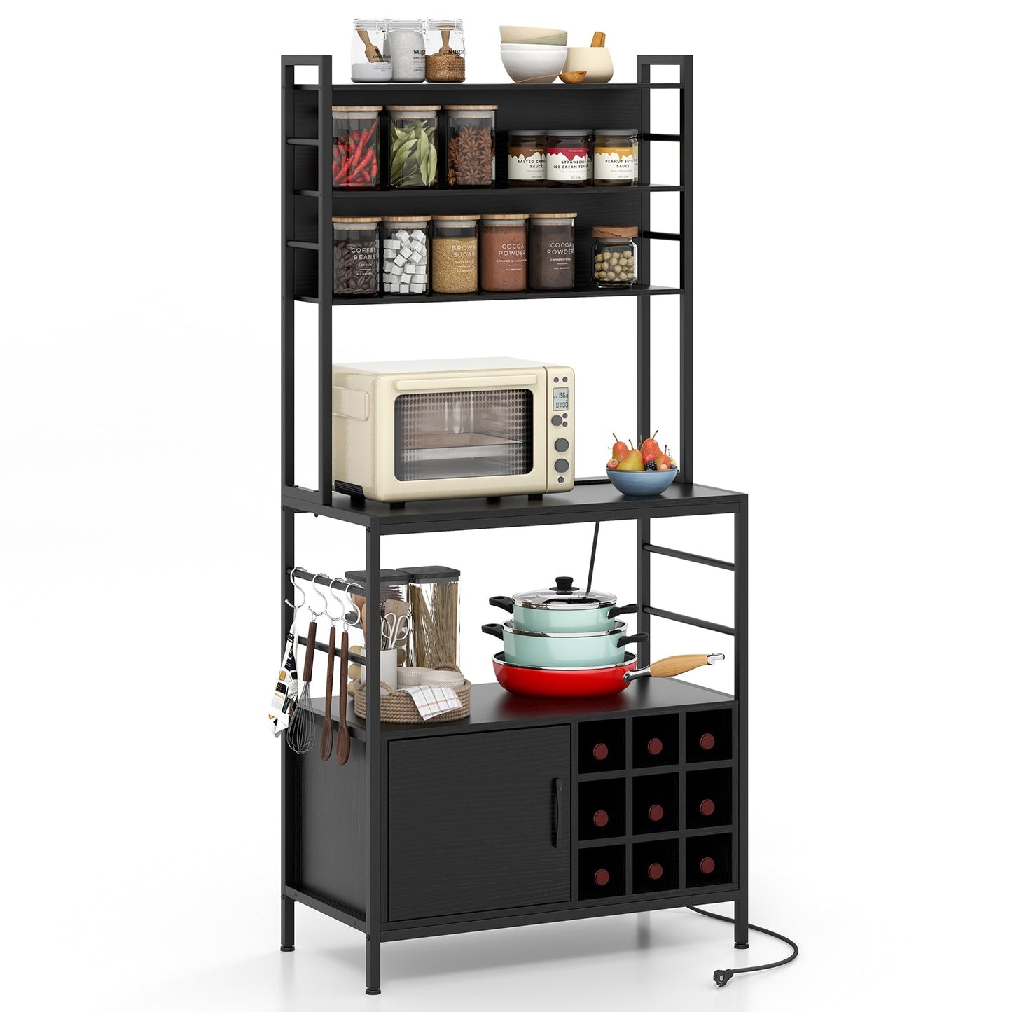 Mueble de barra de café con ganchos en forma de S y botelleros-Marrón rústico