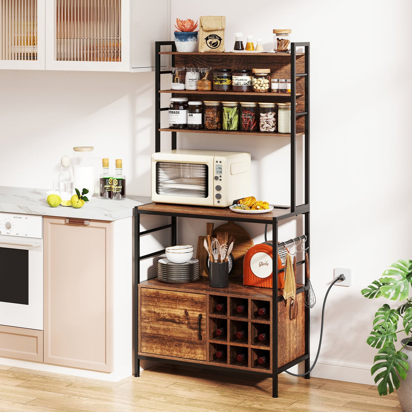 Mueble de barra de café con ganchos en forma de S y botelleros-Marrón rústico