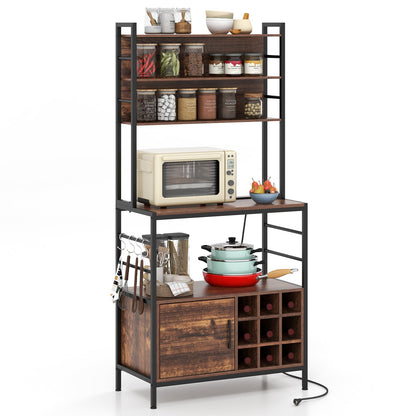 Mueble de barra de café con ganchos en forma de S y botelleros-Marrón rústico