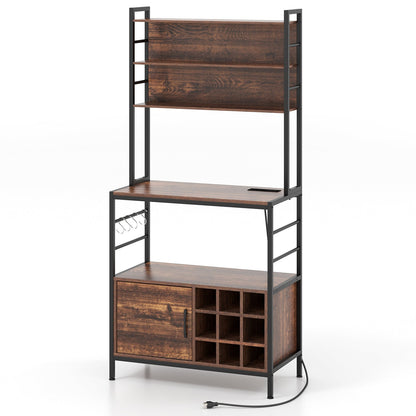 Mueble de barra de café con ganchos en forma de S y botelleros-Marrón rústico