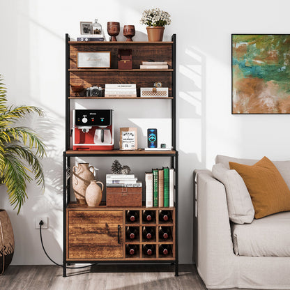 Mueble de barra de café con ganchos en forma de S y botelleros-Marrón rústico