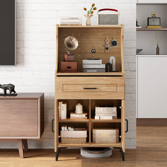 Mueble de barra de café con tablero perforado, cajón y estante ajustable - Roble