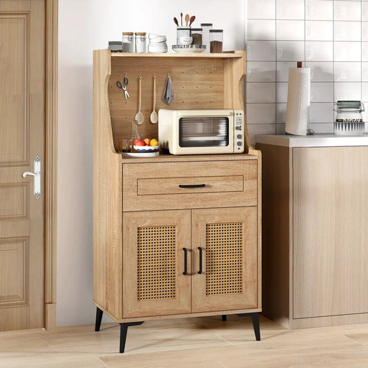 Coffee Bar Cabinet with Pegboard Storage Drawer in oak finish, utensil hooks and microwave on Tampa Home & Garden Store