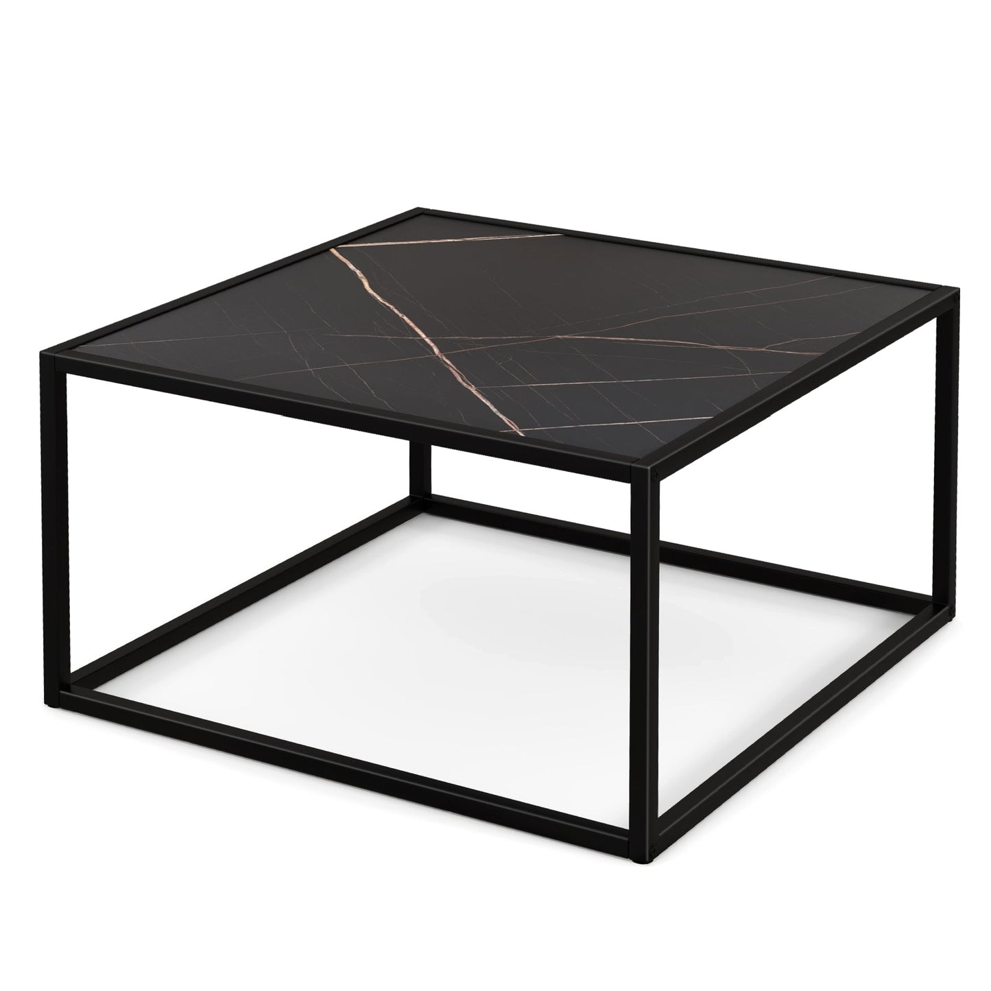 Modern Glass Square Coffee Table with Metal Frame for Living Room-White