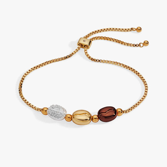 Coffee Bean Bolo Bracelet gold-tone chain with white pavé bead and brown bead ALEX AND ANI on Tampa Home & Garden Store