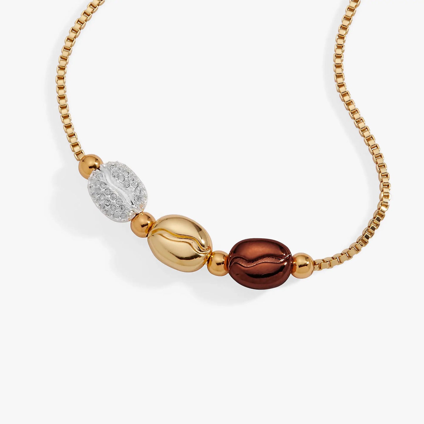 Coffee Bean Bolo Bracelet gold-tone chain with coffee-bean beads and crystals, ALEX AND ANI on Tampa Home & Garden Store