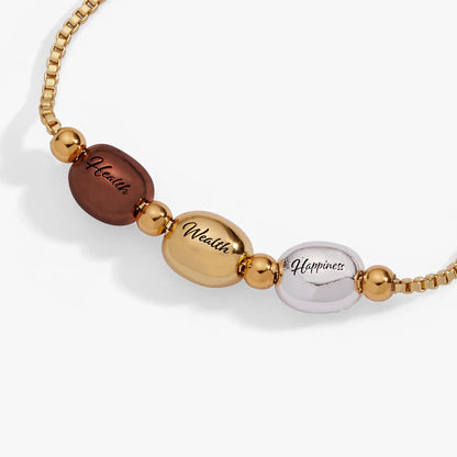 Coffee Bean Bolo Bracelet by ALEX AND ANI with chain and beads engraved Health Wealth Happiness on Tampa Home & Garden Store