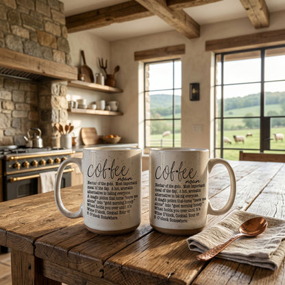Coffee Def 16oz Gia Roma mugs, white ceramic with black coffee-definition text, two on wood table on Tampa Home & Garden Store