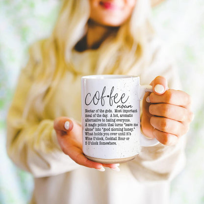 Coffee Def 16oz mug Gia Roma white speckled ceramic with black print on Tampa Home & Garden Store