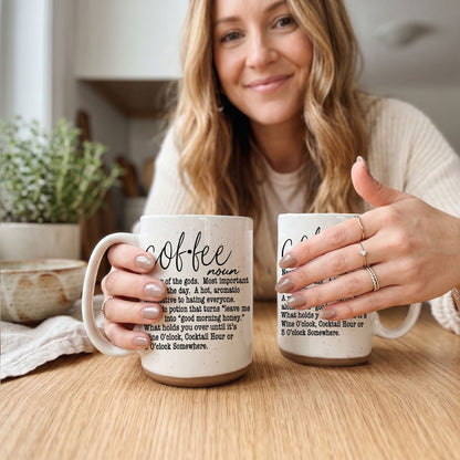 Coffee Def 16oz Gia Roma mug set of 2, speckled white ceramic mugs with coffee dictionary print on Tampa Home & Garden Store