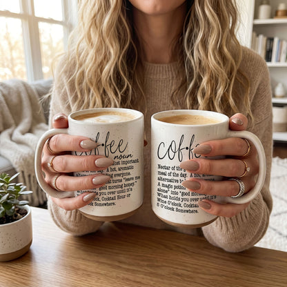 Coffee Def 16oz mug Gia Roma white ceramic pair with printed coffee text held in hands on Tampa Home & Garden Store