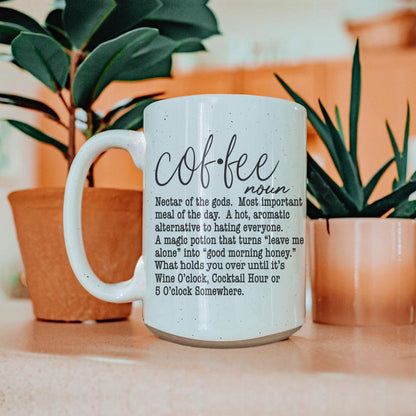 Coffee Def 16oz mug, light blue speckled ceramic with Gia Roma text on Tampa Home & Garden Store