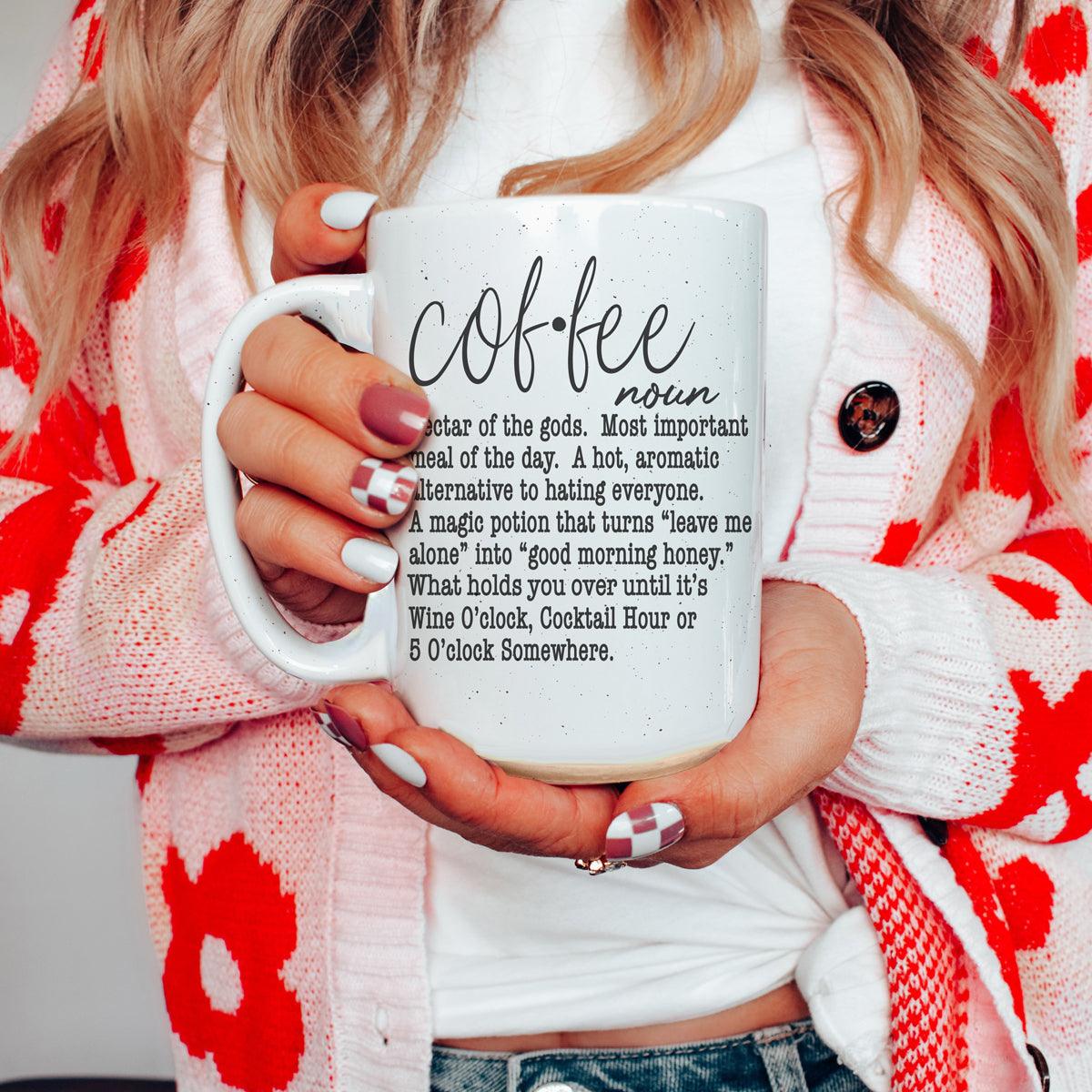 Coffee Def 16oz mug by Gia Roma, white speckled ceramic with bold coffee definition text on Tampa Home & Garden Store