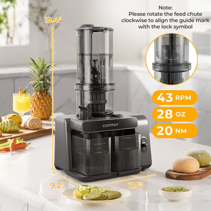 Extractor de jugo de prensado en frío con tolva de alimentación de 5.3 pulgadas, alto rendimiento de jugo y función inversa