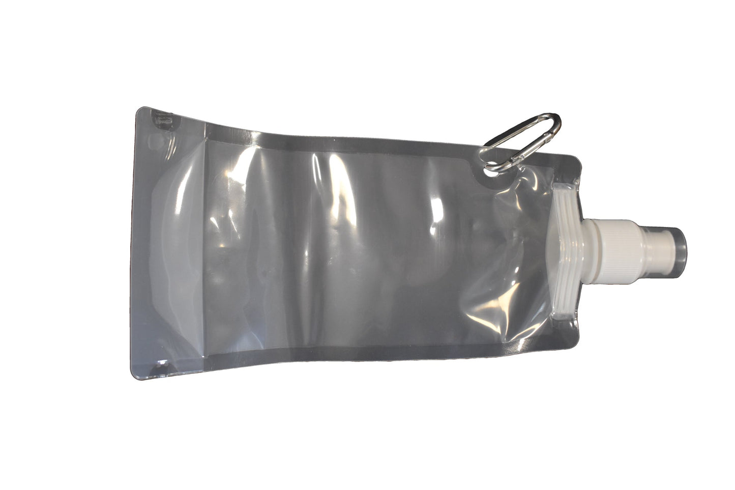 Backpacking Water Filter pouch, gray flexible bag with white screw cap and carabiner on Tampa Home & Garden Store