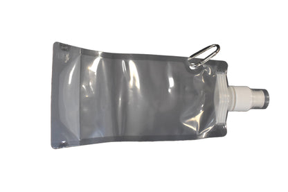 Backpacking Water Filter pouch, gray flexible bag with white screw cap and carabiner on Tampa Home & Garden Store