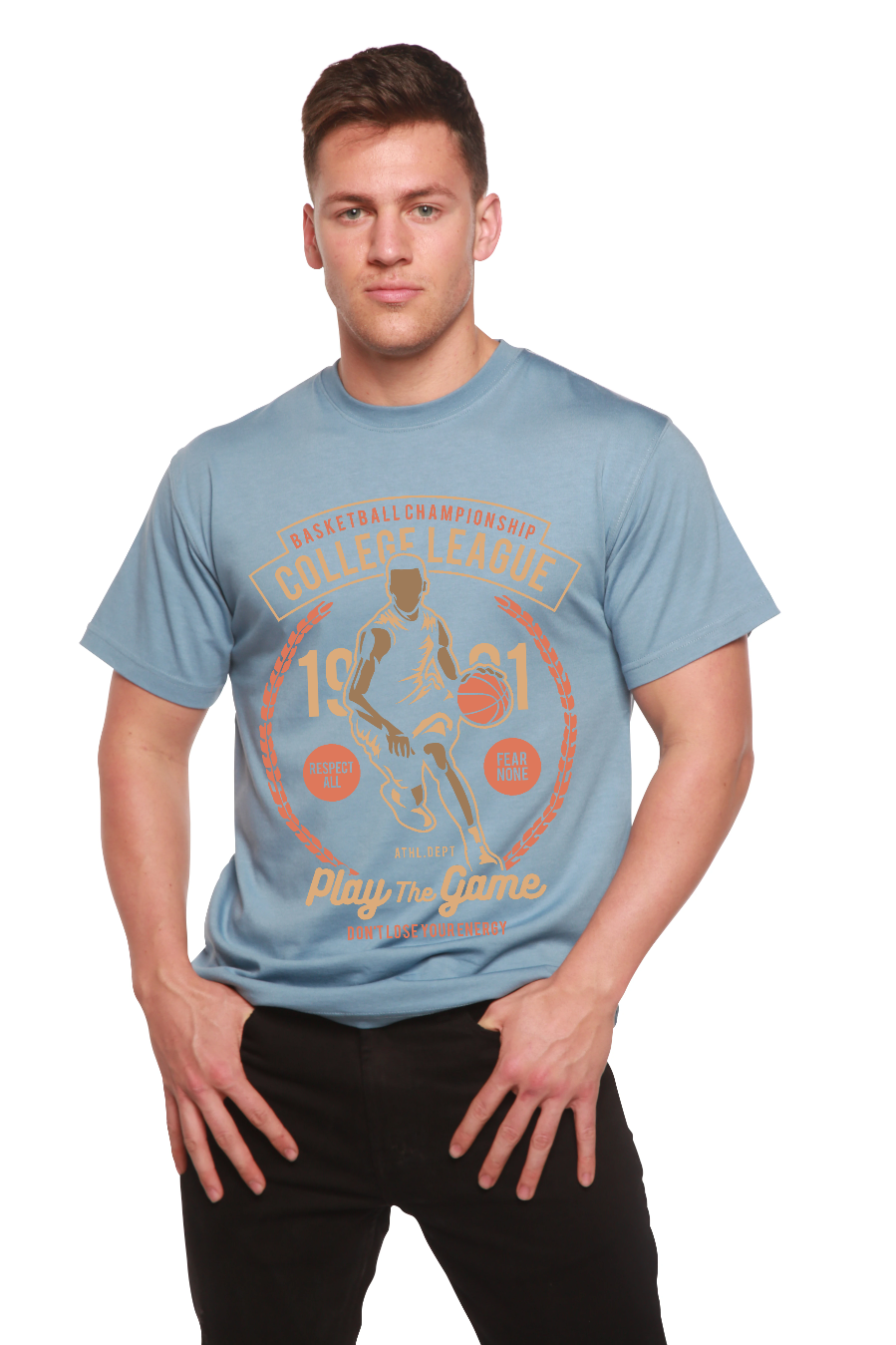 College League bamboo viscose/organic cotton tee, light blue with basketball, Spun Bamboo on Tampa Home & Garden Store