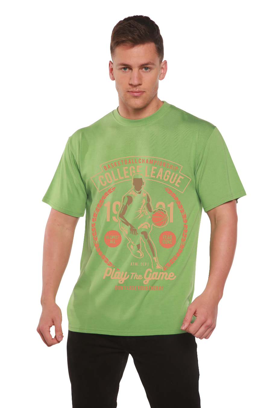 College League men's bamboo viscose cotton tee in green with basketball motif by Spun Bamboo on Tampa Home & Garden Store