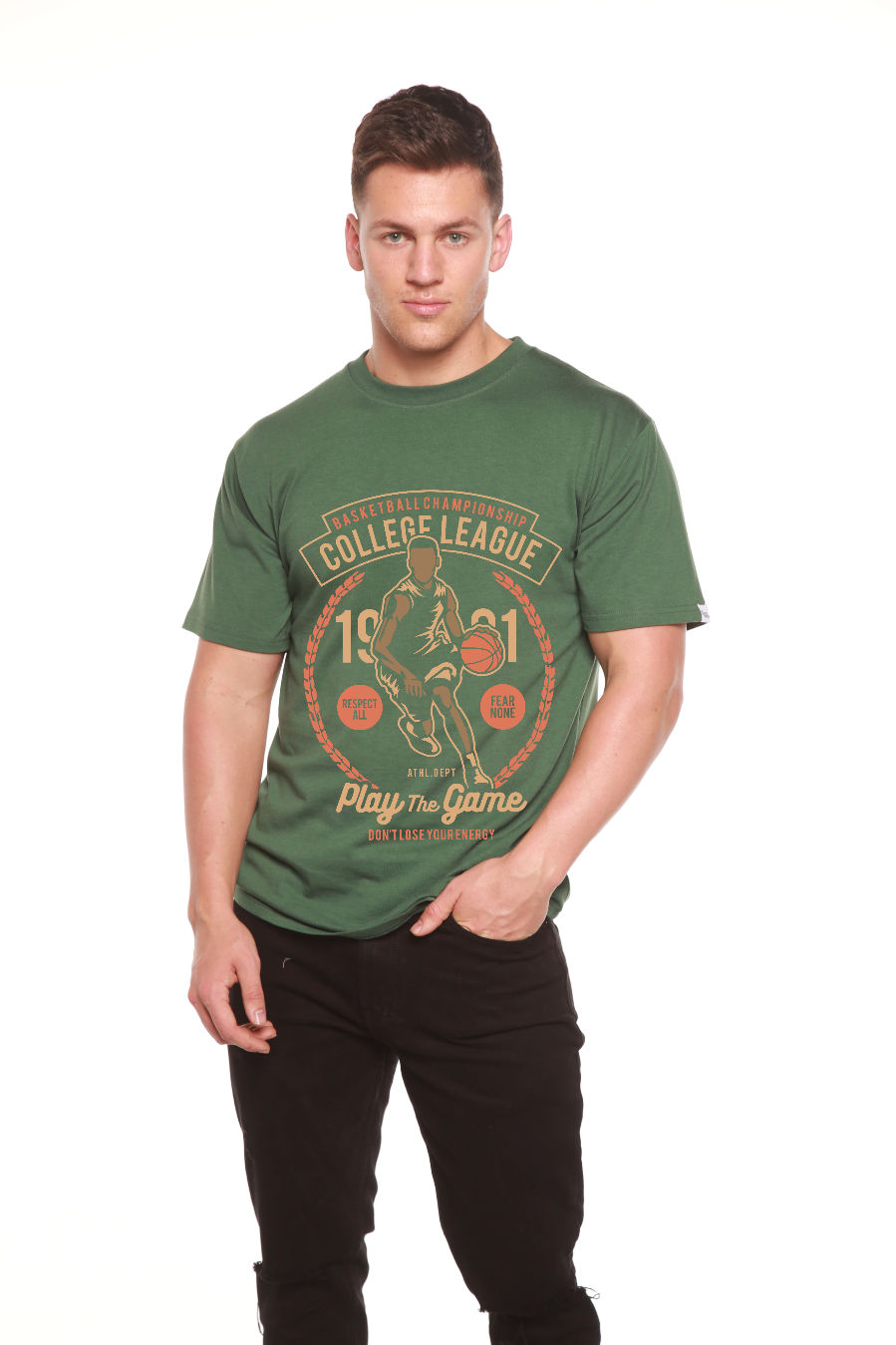 Men's College League bamboo tee with green basketball graphic by Spun Bamboo on Tampa Home & Garden Store