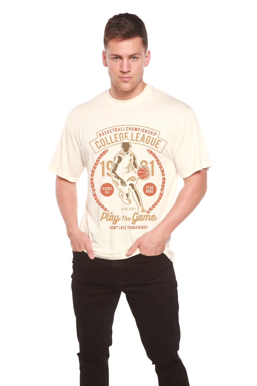 College League bamboo viscose/organic cotton graphic tee cream with orange basketball print on Tampa Home & Garden Store