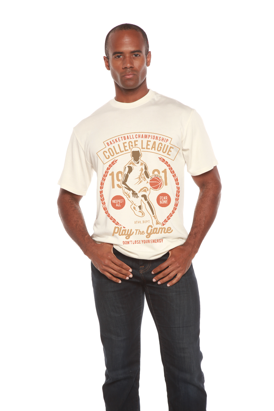 College League men's bamboo tee with orange basketball graphic on cream shirt by Spun Bamboo on Tampa Home & Garden Store