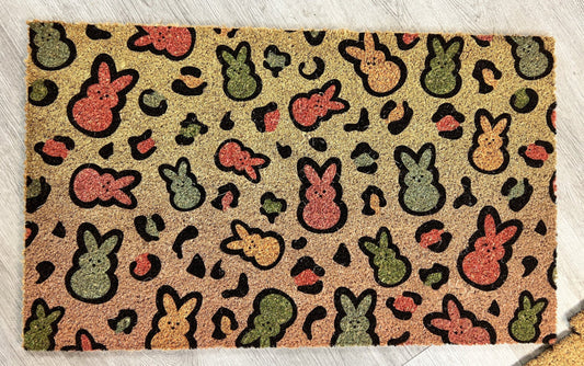Multi-Colored Bunnies Doormat Leopard Pattern Easter Bunny Door Mat