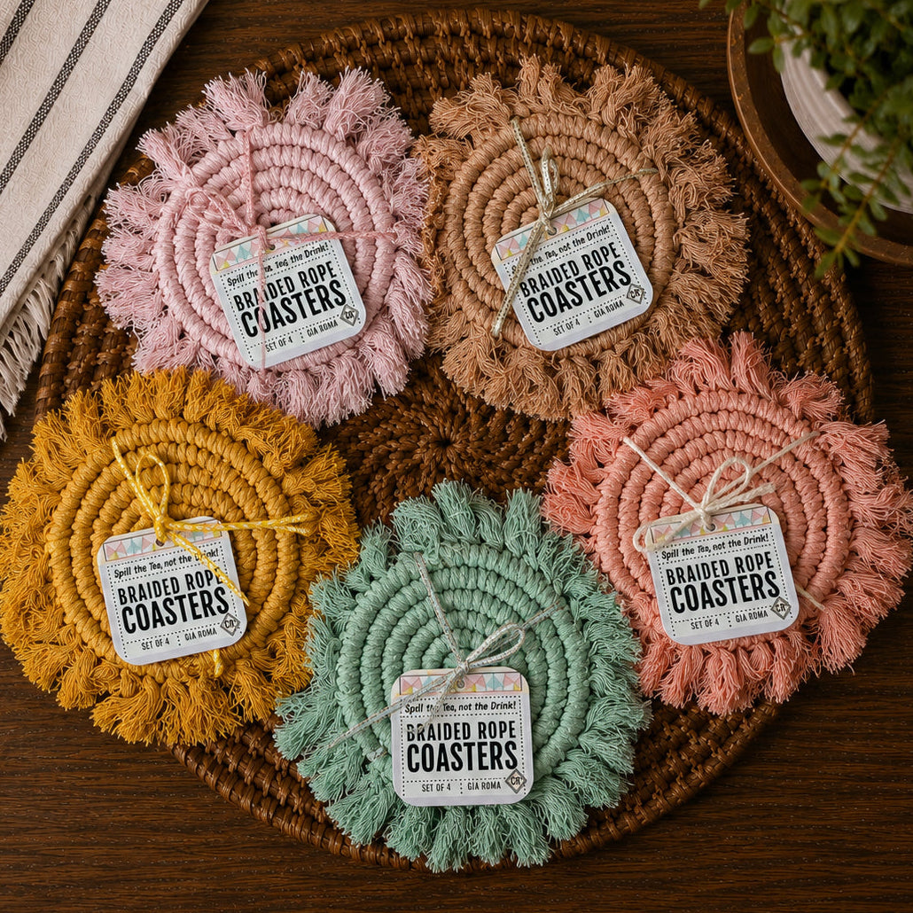Sous-verres tressés à pompons pastel