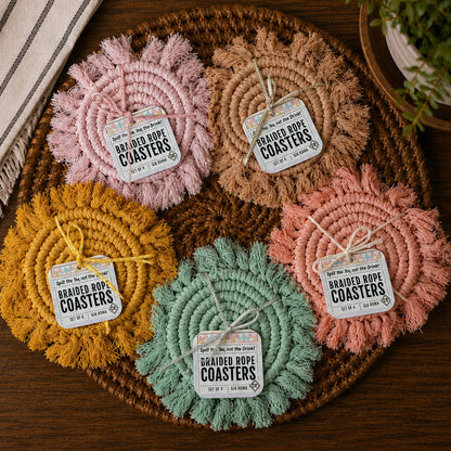 Sous-verres tressés à pompons pastel